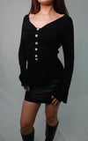 V-Neck Ribbed Knit Top in Black