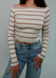 Cream Striped Boatneck Long Sleeve Top